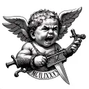 cherub gangster anger  holding a sword and uzi  Roman style with Roman numerals MCMLXXXV tattoo design idea