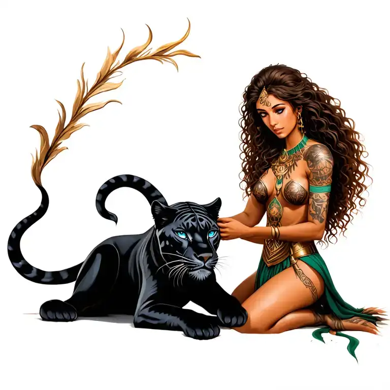 female warrior with long brown curly hair, brown skin and blue eyes petting a black panther like it is her spirit guide tattoo design idea