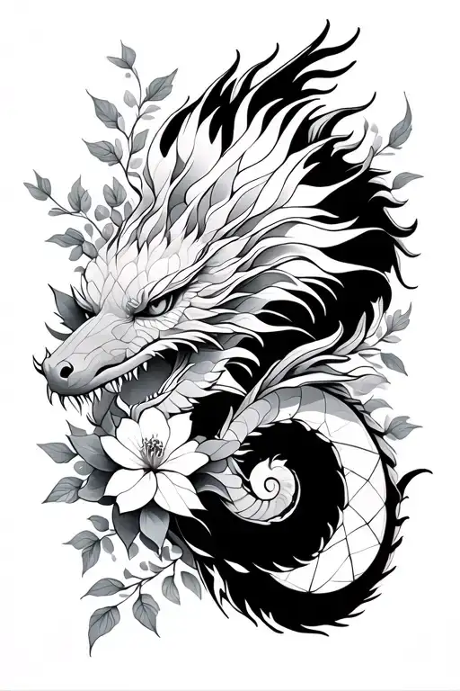 flowers, dragon, geometric filler, mandala design incorporating tattoo design idea