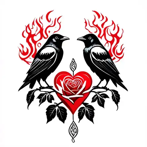 two crows and heart celtic fire rose tattoo design idea