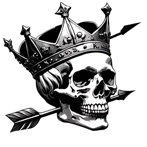 "No Gods, No Kings" "No Gods, No Kings" Human skull wearing a kings crown, with arrow piercing skull. Dramatic feeling tattoo design idea