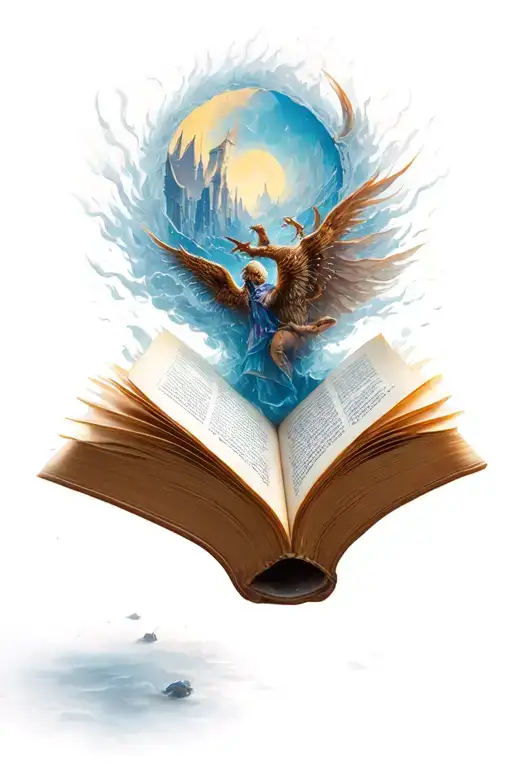 open book with fantasy scene bursting from the pages tattoo design idea