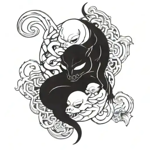 A unique fusion of kit buu and diabolico in a blackwork style, symbolizing the complex nature of relationships tainted by betrayal and mistrust tattoo design idea