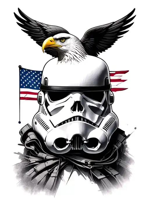 a 3/4 view of star wars stormtrooper helmet with skull exposed. American flag behind bald eagle on top of skull tattoo design idea