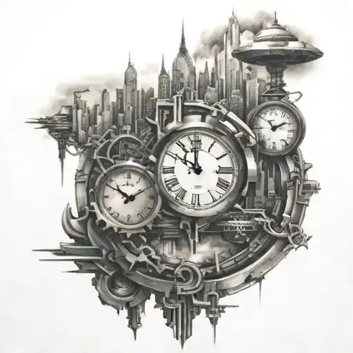 key clock futuristic cityscape tattoo design idea