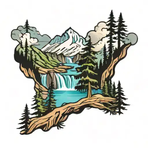 coastal mountains, waterfalls, cedar tree and canadian spirit tattoo design idea
