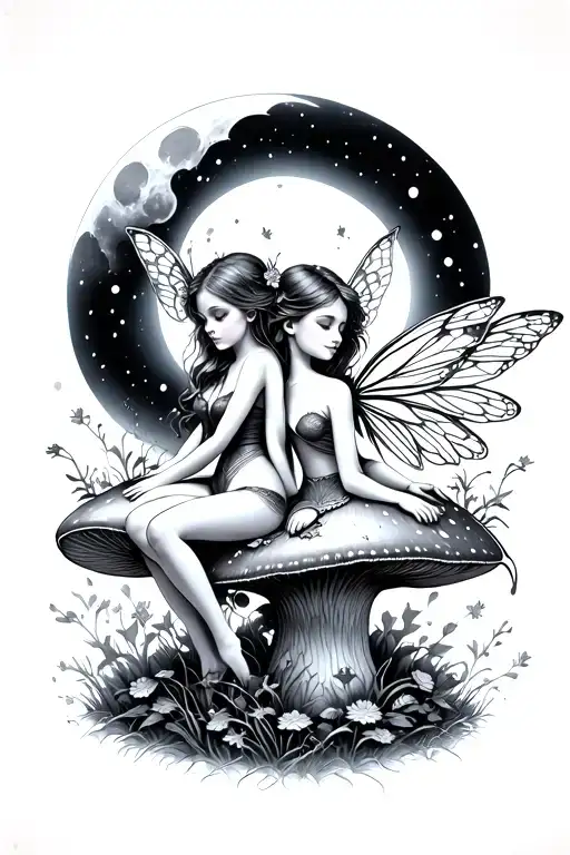 two whimsical fairy sitting on a mushroom back to back looking at a whimsical moon tattoo design idea