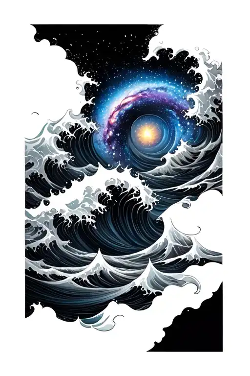 Realistic galaxy morphing into stormy waves, full sleeve in black and grey, dark and fluid vibe tattoo design idea