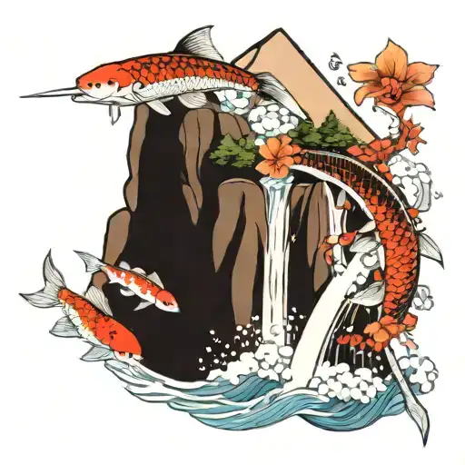mount fuji with waterfall and 3 koi fish tattoo design idea