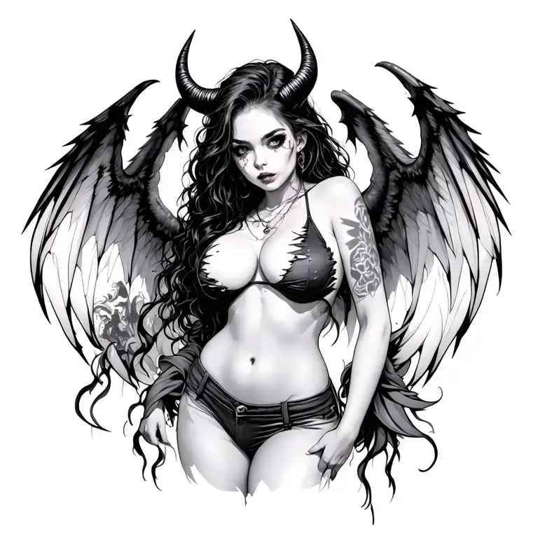 Sexy Pale Girl, Petite, Big Boobs, Wide Hips, G-String, Messy Dark Hair, Demonic Horns, Demonic Wings, Ripped Shirt tattoo design idea