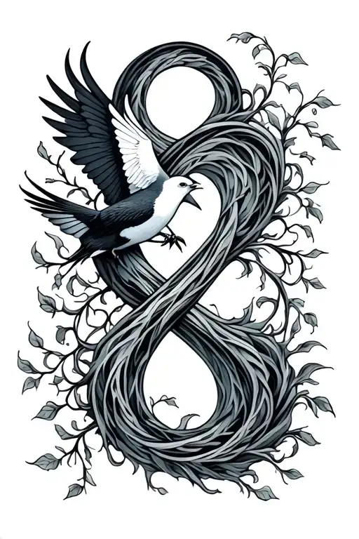 infinity symbol with bird flying and vines and waves tattoo design idea