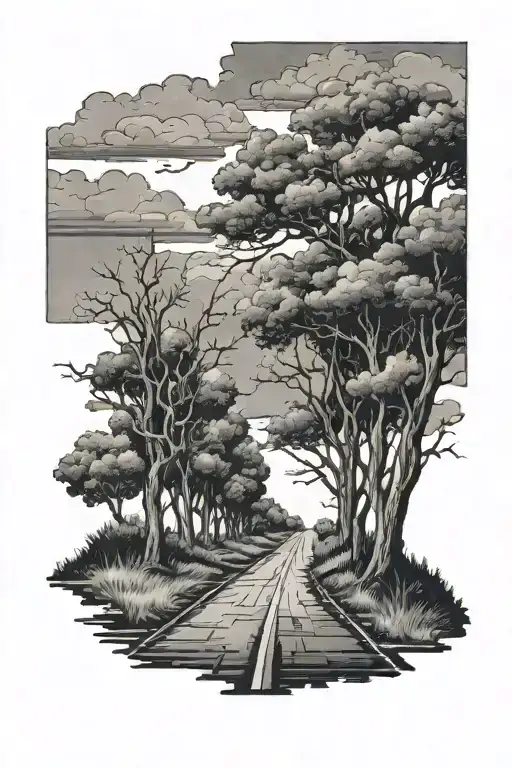 A framed picture of a country road with trees growing on both sides all allong the road with a cloudy sky and lightning  tattoo design idea