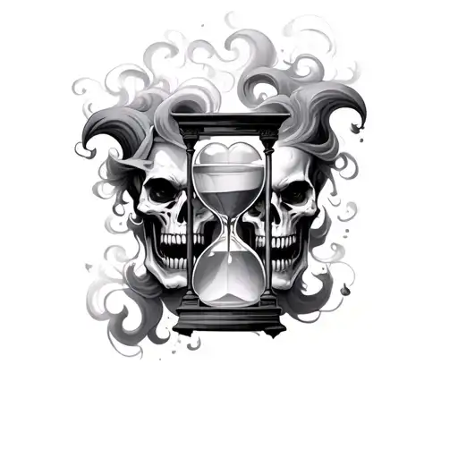 skull hourglass filled with swirling smoke evil jester faces tattoo design idea