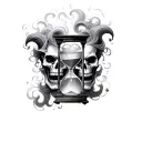 skull hourglass filled with swirling smoke evil jester faces tattoo design idea