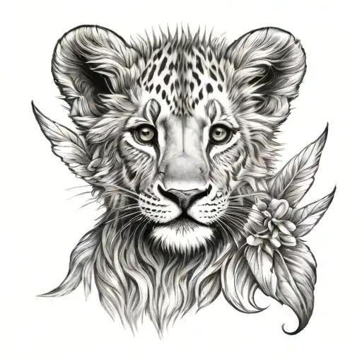 lion cub portrait with angel wings and halo tattoo design idea