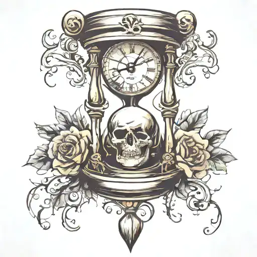 hourglass with clock on top and skull on bottom tattoo design idea