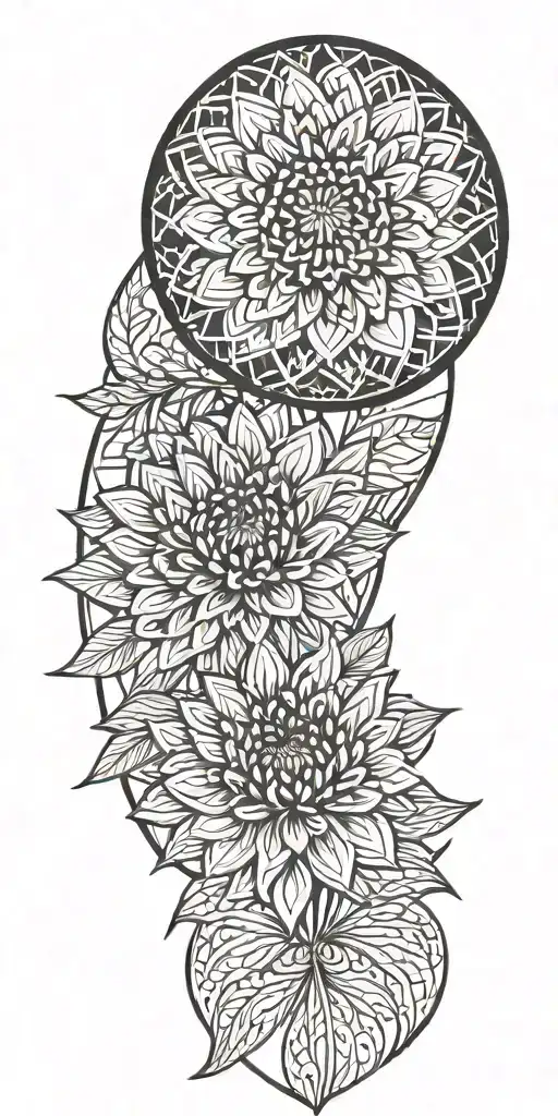 chrysanthemum with geometric background black (longer leaves) tattoo design idea