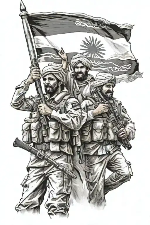 middle eastern soldiers holding flag waving tattoo design idea