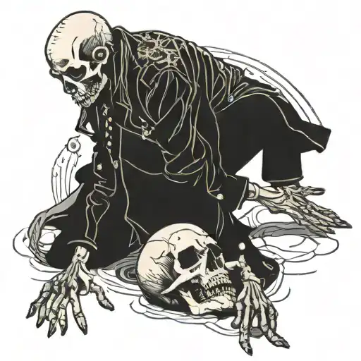 the skeleton is kneeling in a jacket in pants looking up, and his hands are lying on the floor tattoo design idea