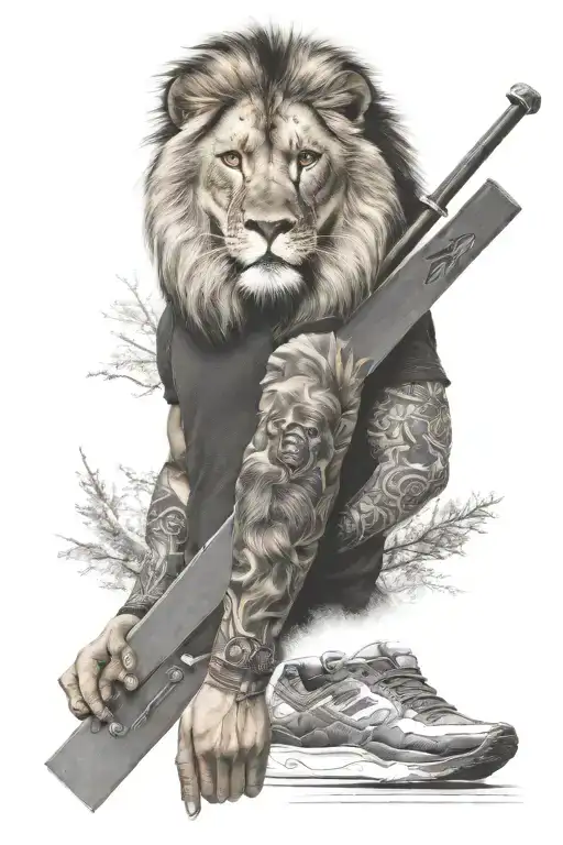 forearm tattoo with lion on front and a guy with ski masks on back tattoo design idea