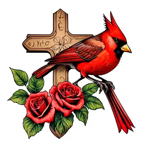 cross and roses with a red cardinal perched tattoo design idea
