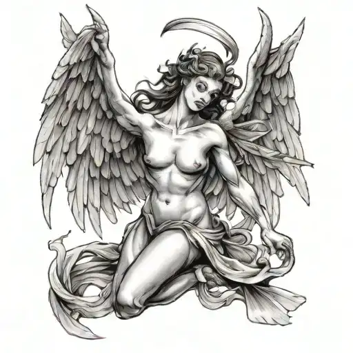 Angel with one normal wing and one demon wing flying tattoo design idea