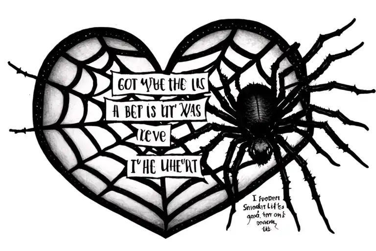 Draw a heart shaped spider web with Bible verse coming from the spider tattoo design idea