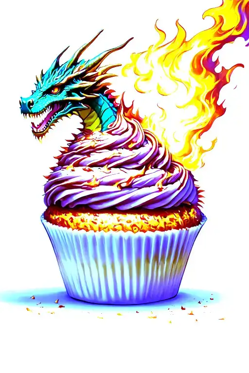 A dragon breathing fire onto a giant cupcake, creating a unique and fiery dessert tattoo design idea