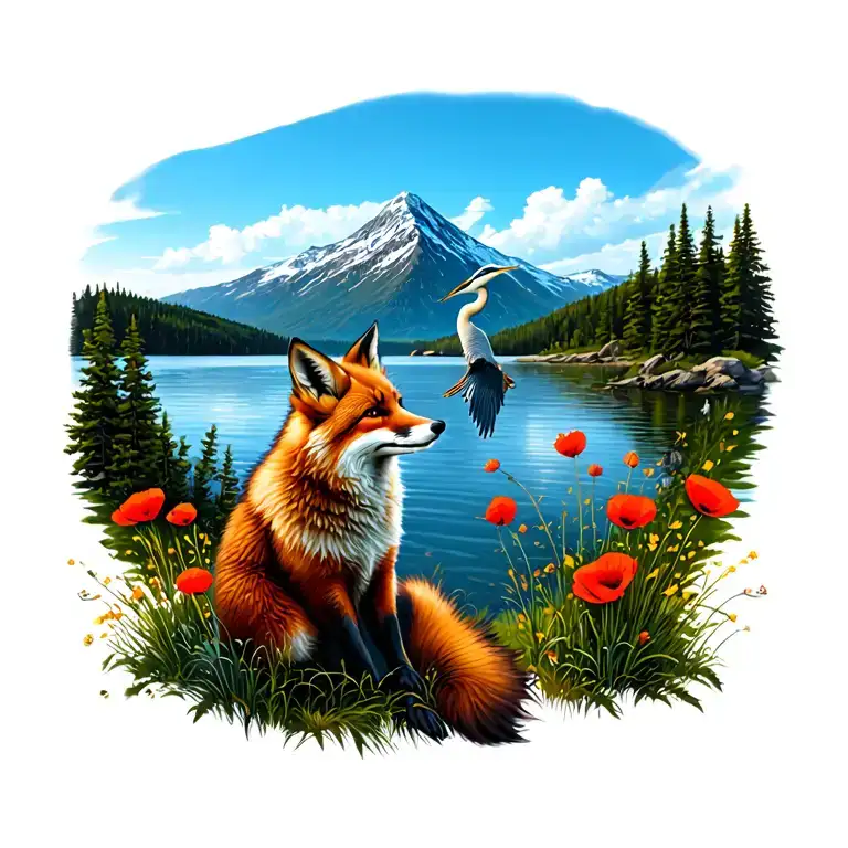 A seated fox looks at a heron that flies away by a mountain lake. Country vegetation with 3 poppies. tattoo design idea