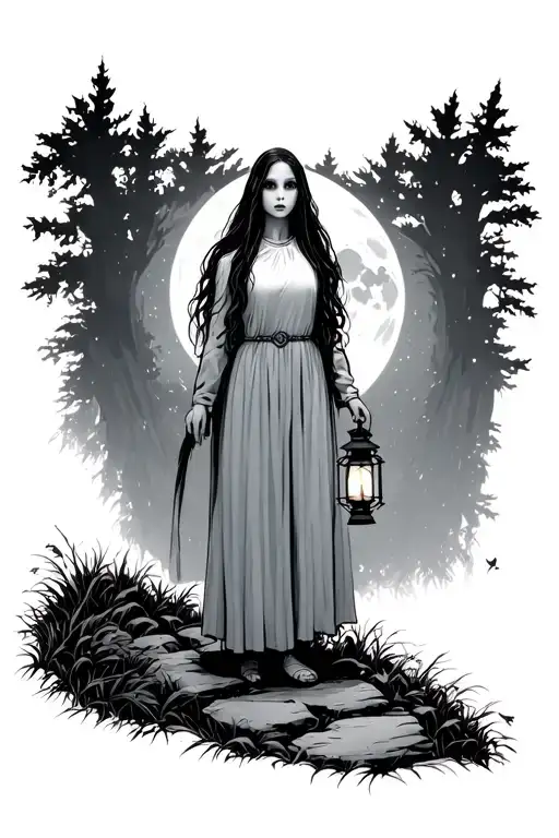 ghost girl standing on a dark forest path holding a lantern and the full moon in the background  tattoo design idea