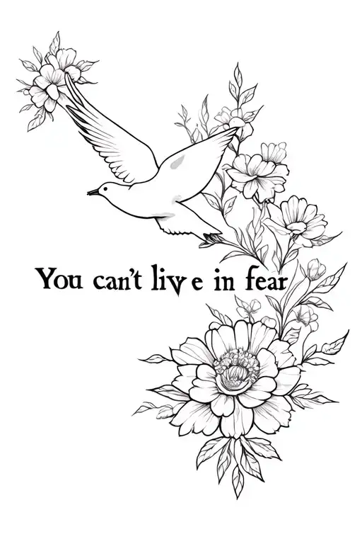 cross, flowers, doves flying, you cant live in fear tattoo design idea