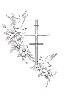 cross, flowers, doves flying, you cant live in fear tattoo design idea