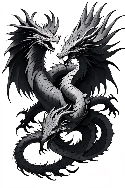 two dragons intertwined and a phoenix rising tattoo design idea