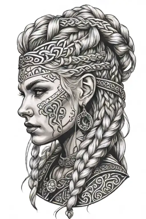 blonde viking woman face profil braids tattoo design idea