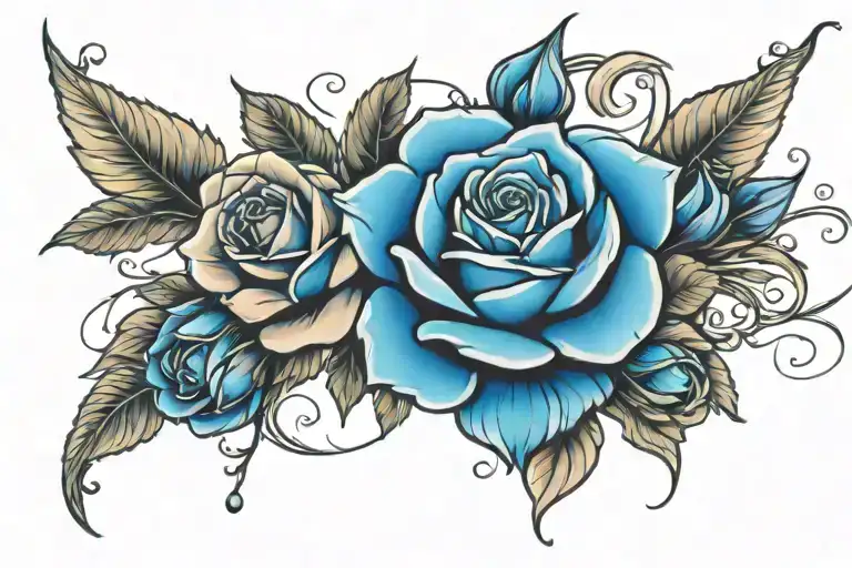 blue jewel and roses blooming tattoo design idea