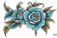 blue jewel and roses blooming tattoo design idea