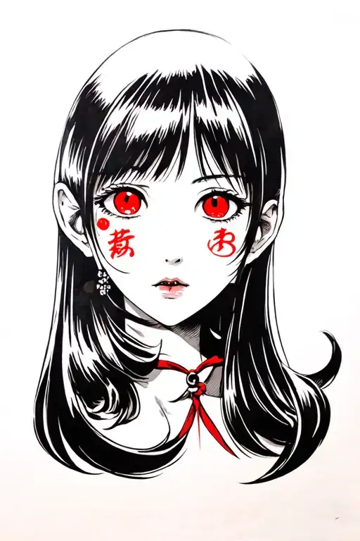 Japanese women face with red japanese word on eyes no eye tattoo design idea