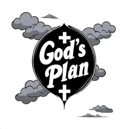  words God's Plan with cross and clouds tattoo design idea