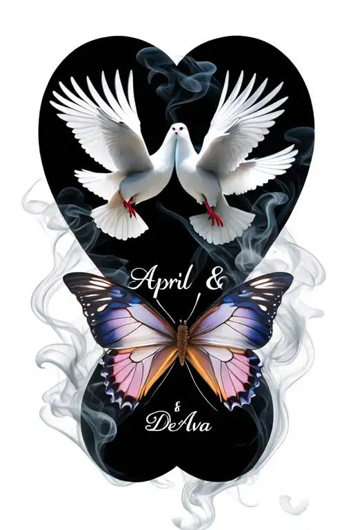 a Smokey infinity symbol with the name April & De'Alva engraved inside, decorated with 2 doves and a butterfly tattoo design idea