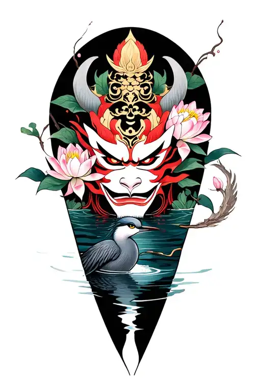  oni mask surrounded by lotus, cherry blossoand wind on outside of calf.  a grey herron in water opposite side of calf.  tattoo design idea