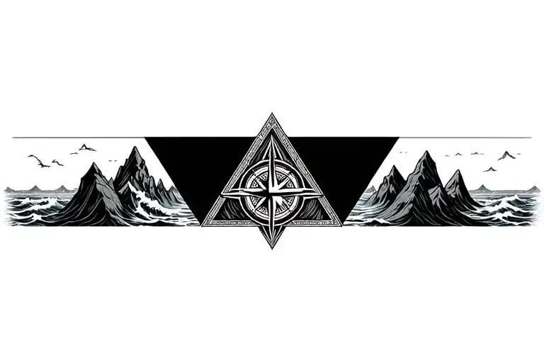 large compass surrounded by intricate geometric mountains and crashing waves, black and white, add triangle frame tattoo design idea