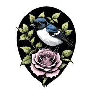 willy wagtail perched on a rose intertwined tattoo design idea
