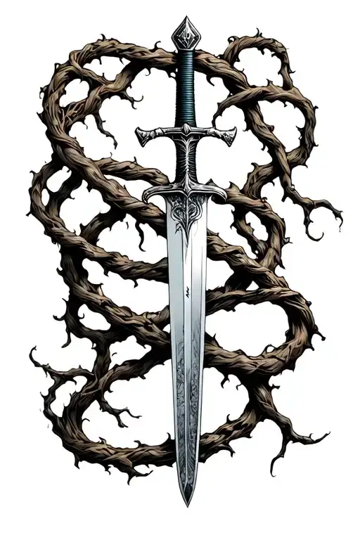 thin swords wrapped in thin vines hanging tattoo design idea