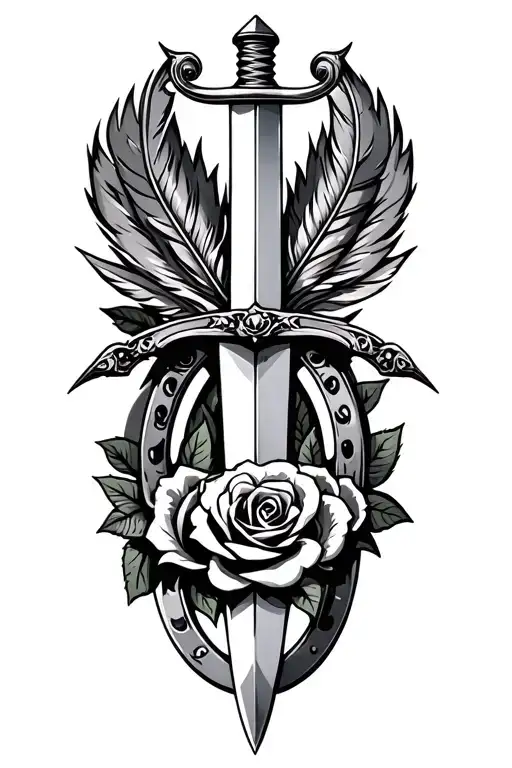 sword with horseshoe pummel with roses feathers  tattoo design idea