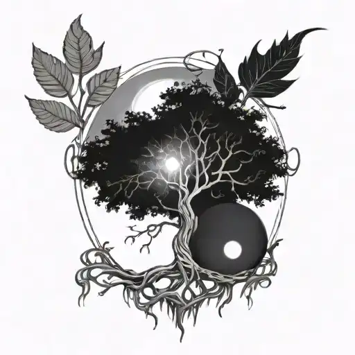 generate tattoo about tree of life with roots, fruit, and day & night background tattoo design idea