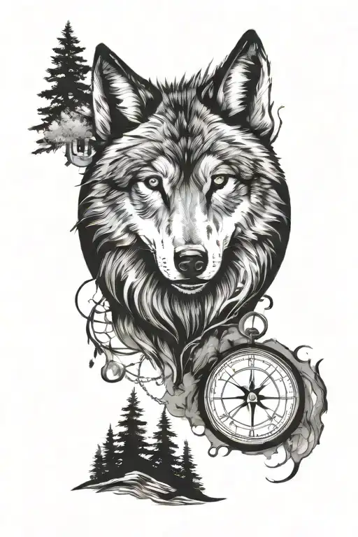 wolf forest compass   tattoo design idea