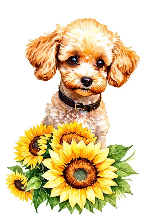 mini poodle made of sunflowers, one eye looks sideways tattoo design idea