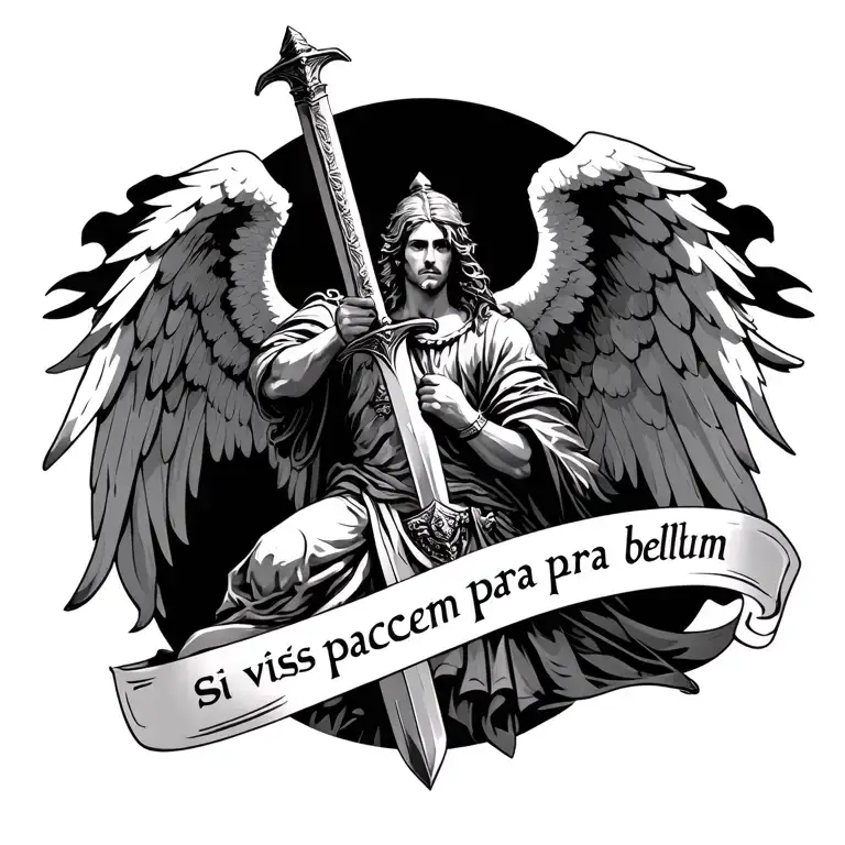 Angel warrior wielding a sword and roman quote "Si vis pacem, para bellum" tattoo design idea