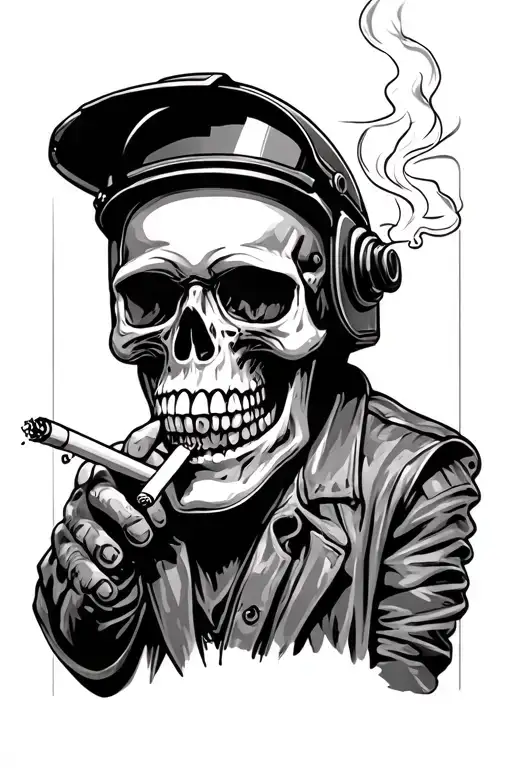 skull wearing welding helmet smoking cigarette tattoo design idea