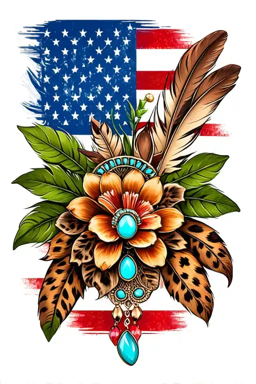 american flag and brown feathers, american flag, green leaves, one brooch turquoise jewelry, flowers, cheetah print  tattoo design idea